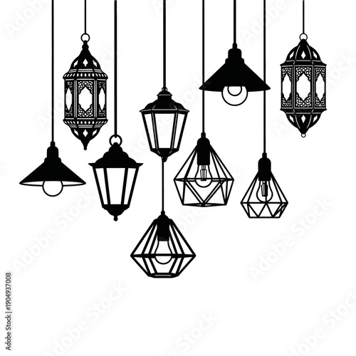 A collection of diverse black pendant lamps hanging against a white background