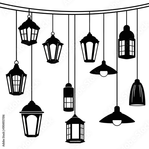 Black and white illustration of hanging lanterns and lamps