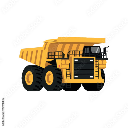 Large yellow mining dump truck with black wheels on white background illustration
