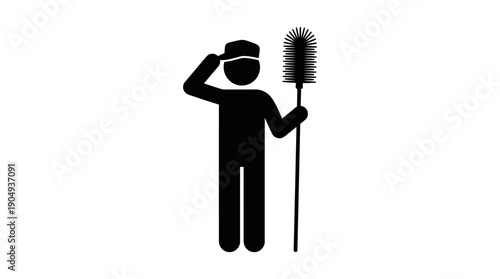 Saluting Figure Vector Illustration | Black Silhouette Icon Holding Toilet Brush | Editable Humorous Graphic for Cleaning, Respect, Janitorial Recognition, and Creative Design Projects