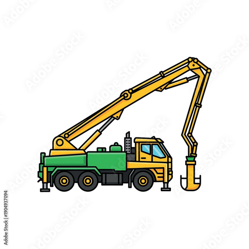 Crane truck with extended boom and hook on construction site illustration