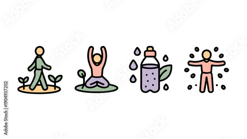Healthy lifestyle concept represented through icon set, including yoga and exercise.