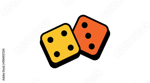 Stylized Dice Vector Illustration Featuring Yellow and Orange Dice with Bold Outlines and Four Dots for Gaming, Probability, and Graphic Design Use