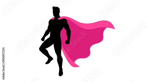 Superhero Silhouette Vector Illustration with Flowing Pink Cape in Dynamic Pose Symbolizing Strength, Action, and Empowerment for Comic, Motivational, and Graphic Design Use