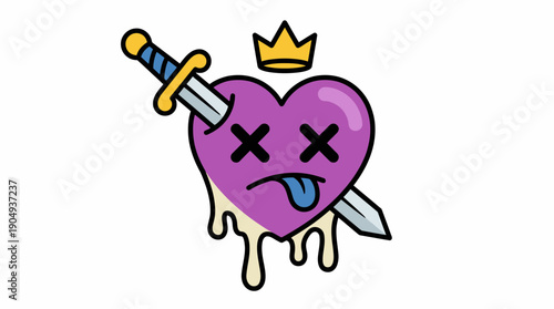 Pierced Heart Vector Illustration | Purple Cartoon Heart with Sword, Crown, and Dripping Design | Editable Graphic for Heartbreak, Betrayal, Love, and Creative Projects
