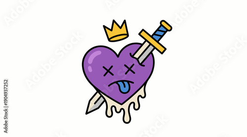 Pierced Heart Vector Illustration | Purple Cartoon Heart with Sword, Crown, and Dripping Design | Editable Graphic for Heartbreak, Betrayal, Love, and Creative Projects
