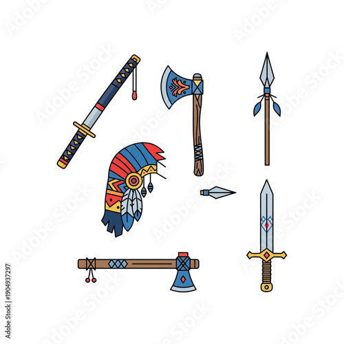 Vibrant illustration of various tribal weapons and a headdress on plain background.
