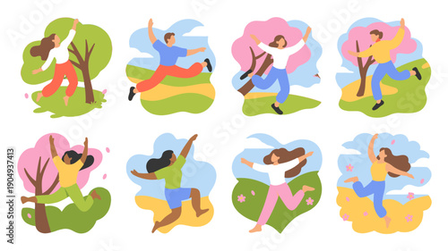 Collection of people joyfully running in a vibrant nature.