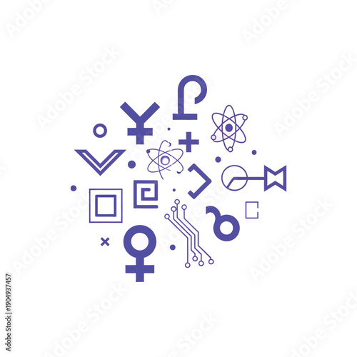 Assorted scientific and mathematical symbols arranged in a circular pattern on a white background.