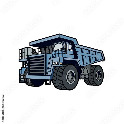 Large blue mining dump truck with loaded cargo, viewed from the side, in a graphic illustration.