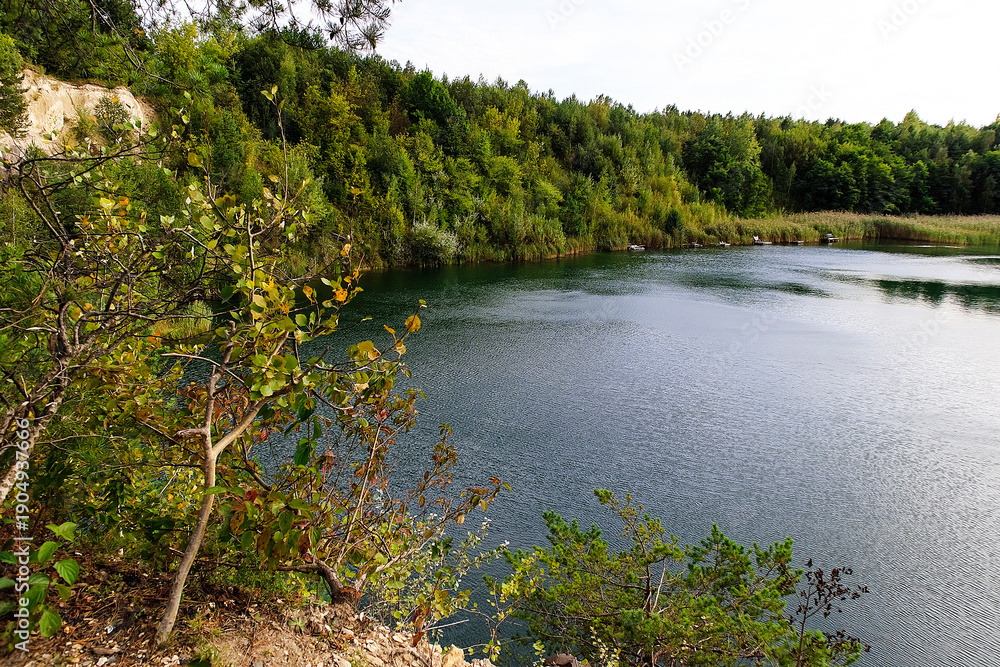 Fototapeta premium Panoramic view of a calm lake surrounded by green forest, natural scenery ideal for travel and nature themes.