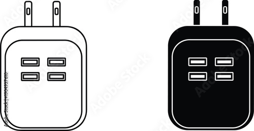 Set of two wall charger icons with dual prongs and four USB ports in black and white silhouette styles