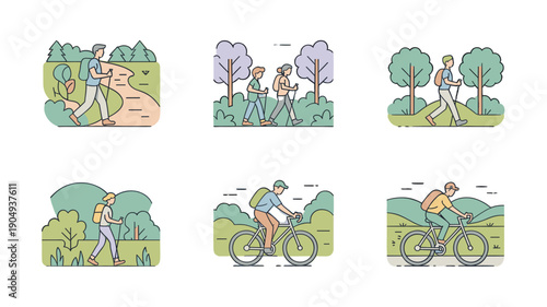 Outdoor activity icons showing different people enjoying leisure time.