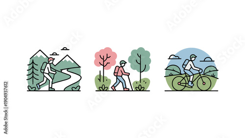 Line art illustrations depicting diverse outdoor activities.