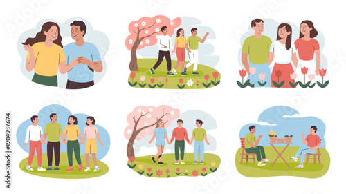 Six scenes of diverse people interacting in a park.