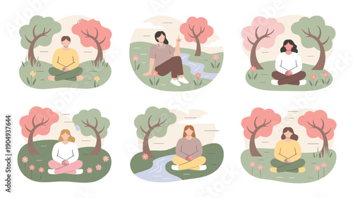 People meditating in the nature setting.