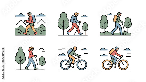 Six illustrations featuring people engaging in outdoor activities.