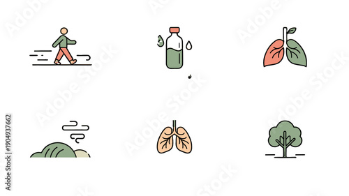 A series of illustrations about well-being, including a person walking, bottle of water and tree.