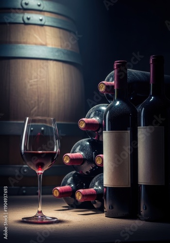Dim lighting illuminates a single wine glass resting near stacked aging bottles and oak casks in a deep, cool cellar, cellar, classic, crystal