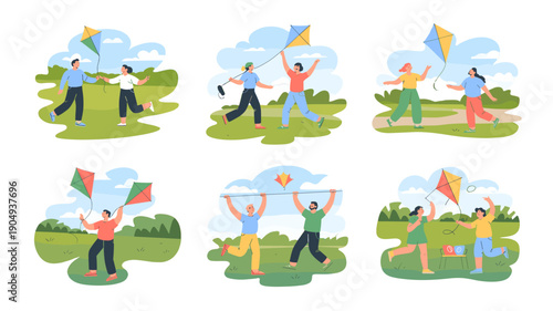 Collection of people enjoying kites in a park.