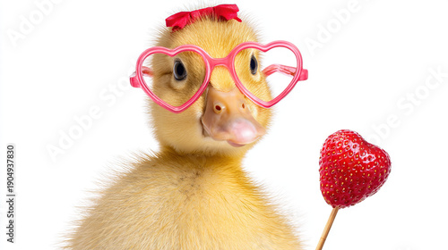Cute duckling wearing heart-shaped glasses with a strawberry