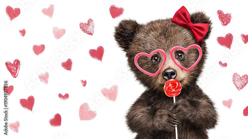 Cute Bear with Heart Glasses and Lollipop