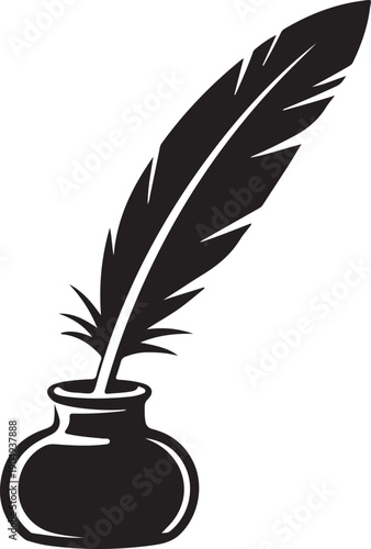 Black feather quill pen in an inkwell on a white background