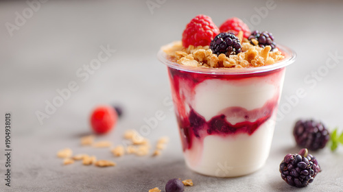 Delicious layered yoghurt dessert with fresh berries and crunchy toppings