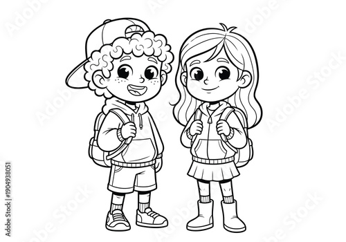 Kids coloring book A black and white illustration of two happy children wearing backpacks and standing side by side