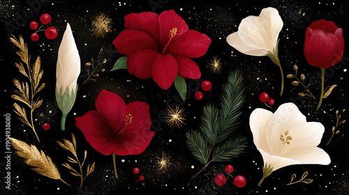 Vibrant Red and White Flowers with Golden Accents on Dark Background
