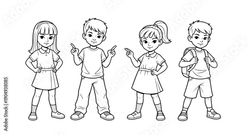 Kids coloring book A group of four cartoon children standing together in a line, looking happy and carefree.