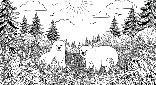 Two polar bears in a serene forest landscape with trees grass and a sunny sky illustration for coloring book