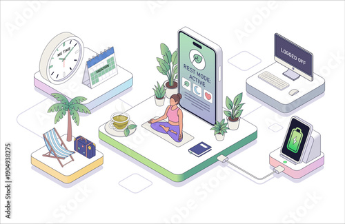 Isometric vector concept of burnout prevention. Work-life balance scene with meditation, vacation icons, and digital detox for wellness web banner.