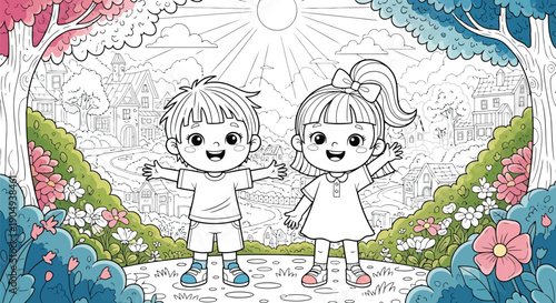 Kids coloring book A colorful illustration of two happy children standing in a vibrant garden with flowers and trees