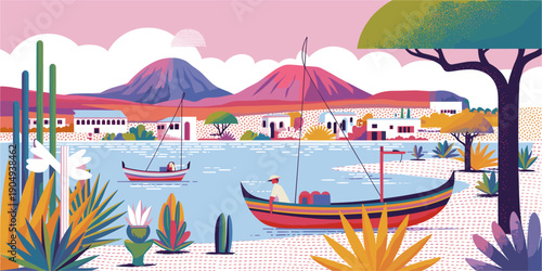 Stylized flat vector illustration of a desert lake with traditional fishing boats and volcanic hills in the background, using soft retro color tones.