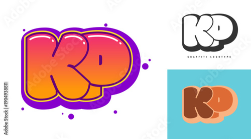KP logo design for festival or party. Initial letter k and p in graffiti style. Creative modern lettering company name of font typography. Kids trendy logotype or identity.
