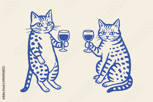 Two cats with wine glasses doodle vector illustration