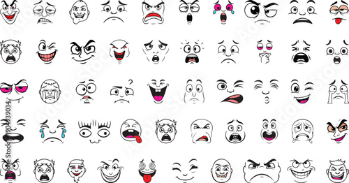 Unique and funny vector illustration of Cartoon facial expressions. Comic faces with Groovy style, doodle eyebrows and mouth cartoon character design vector set. Character feeling sick, Angry vector
