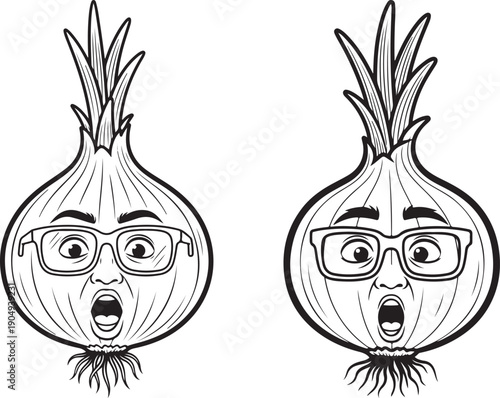 Vector illustration of a surprised cartoon onion wearing glasses, with an open mouth