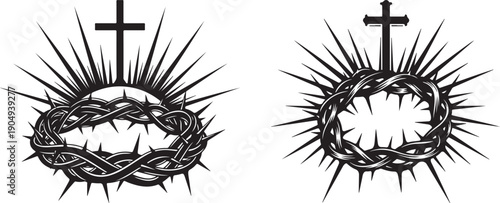 Crown of Thorns and Cross Vector Illustration, Religious Symbol of Sacrifice and Redemption
