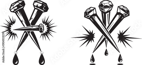 Set of Piercing Nails with Blood Drops, Symbolizing Pain and Sacrifice