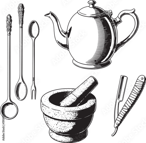 Vintage Kitchenware and Barware: Teapot, Mortar and Pestle, Cocktail Shaker, Razor