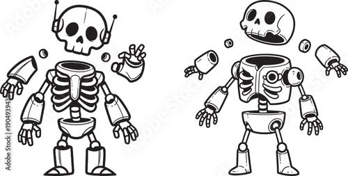 Funny cartoon robot skeletons with antennae and exposed gears, isolated on white background.