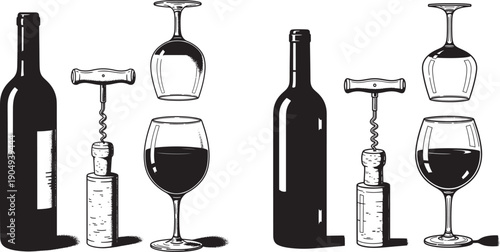 Wine Set: Bottles, Glasses, and Corkscrews, Elegant Symbols for Connoisseurs