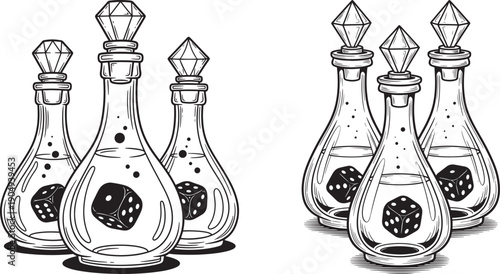 Glass potion bottles containing dice, with crystal stoppers, fantasy and gaming concept.