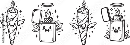 Cute cartoon marijuana joints and lighters with faces, wings, and halos, playful tattoo style.