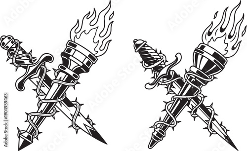 Crossed swords entwined with barbed wire and flames, edgy tattoo and emblem design.