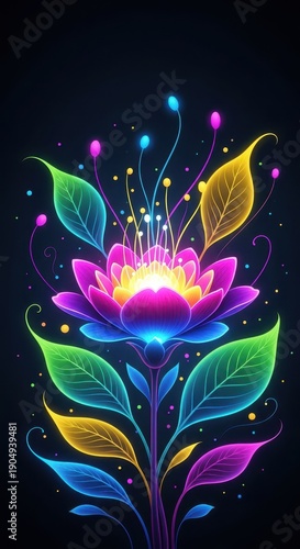 Neon blooming flora illustration, vibrant electric colors radiating energy, futuristic botanical nightlife design, illumination, background, design