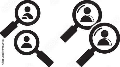 Magnifying glass icons revealing silhouette people, search and recruitment concept.