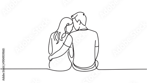 Minimalist Line Art Couple Sitting Shoulder Hug Vector Illustration